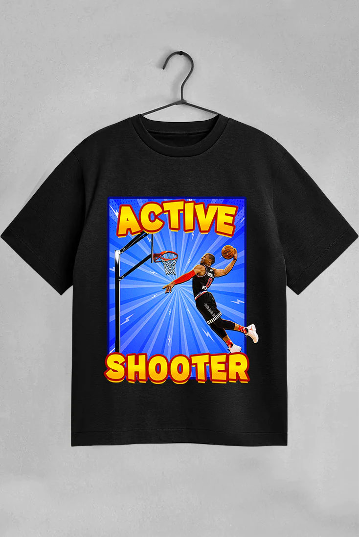 Black t-shirt with a colorful graphic of a basketball player and text on a gray background
