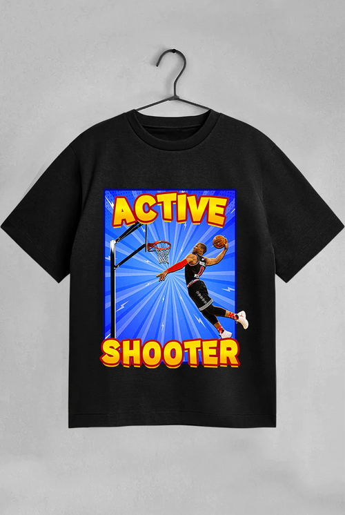 Black t-shirt with a colorful graphic of a basketball player and text on a gray background