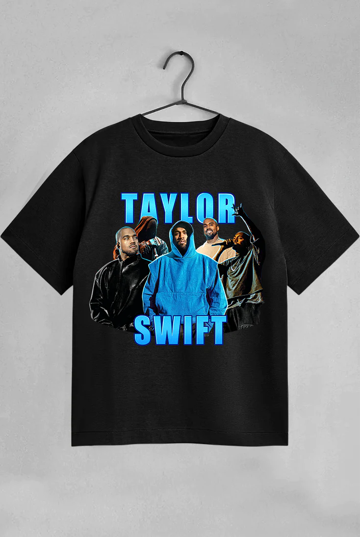 Black t-shirt with graphic design of people and 'Taylor Swift' text on a gray background