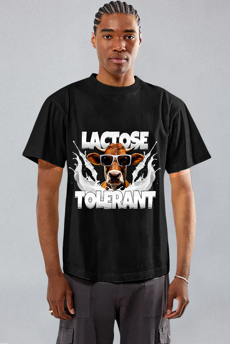 Person wearing a black t-shirt with a graphic design and text on a gray background