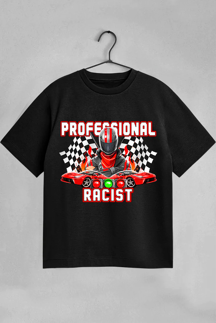 Black t-shirt with graphic design and text on a gray background