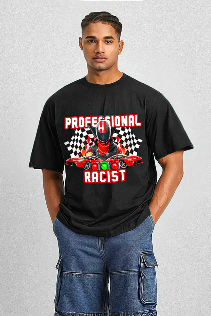 Person wearing a black t-shirt with a graphic design and text on a gray background